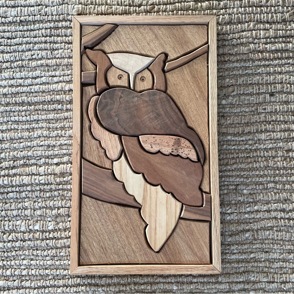 Vintage Hand Crafted Wooden Owl Art Brown Tan - Picture 4 of 6